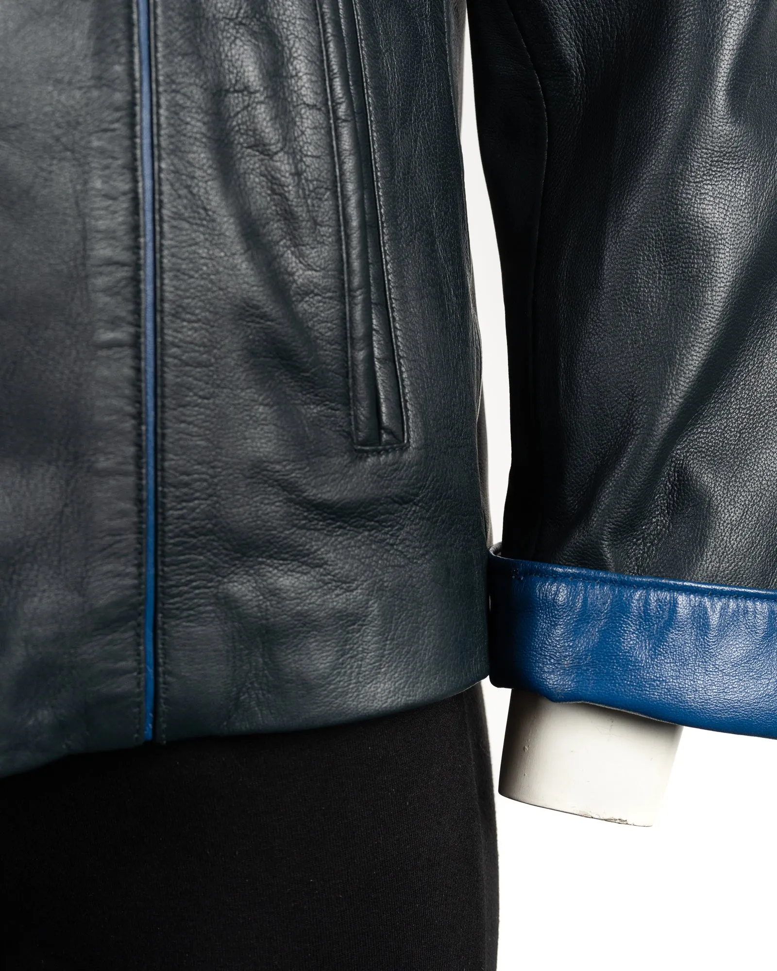 Ladies Navy Contrast Buttoned Leather Jacket: Cassandra