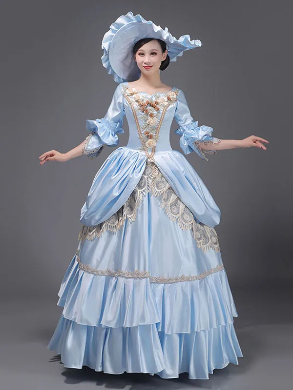 Light Sky Blue  Retro Tudor Dress Costumes  Lace Polyester Hat Women's Marie Antoinette Costume Royal Tunic Masquerade Ball Gown