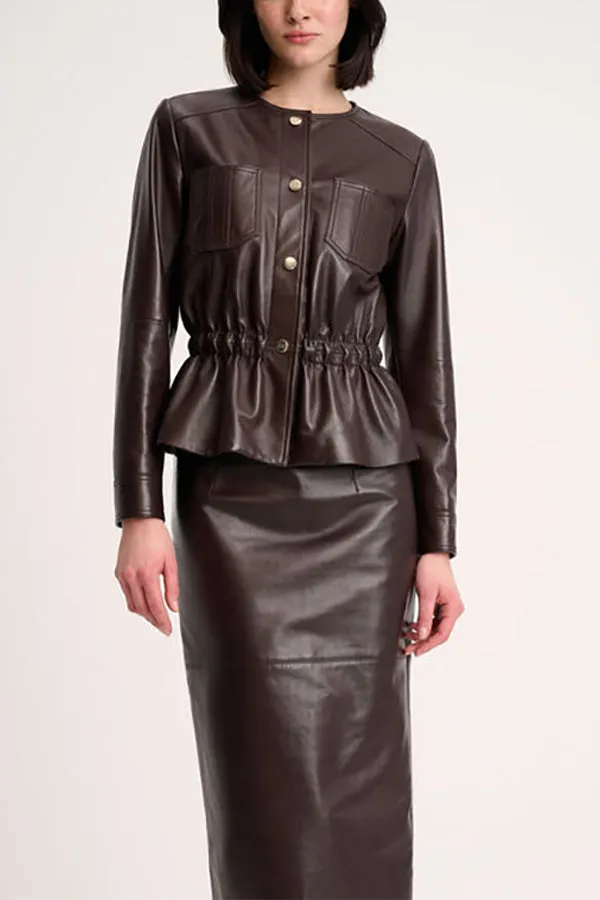 Luisa Spagnoli SERGENTE GATHERED BROWN LEATHER JACKET