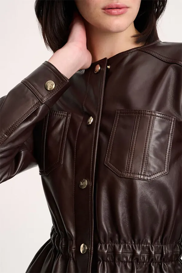 Luisa Spagnoli SERGENTE GATHERED BROWN LEATHER JACKET