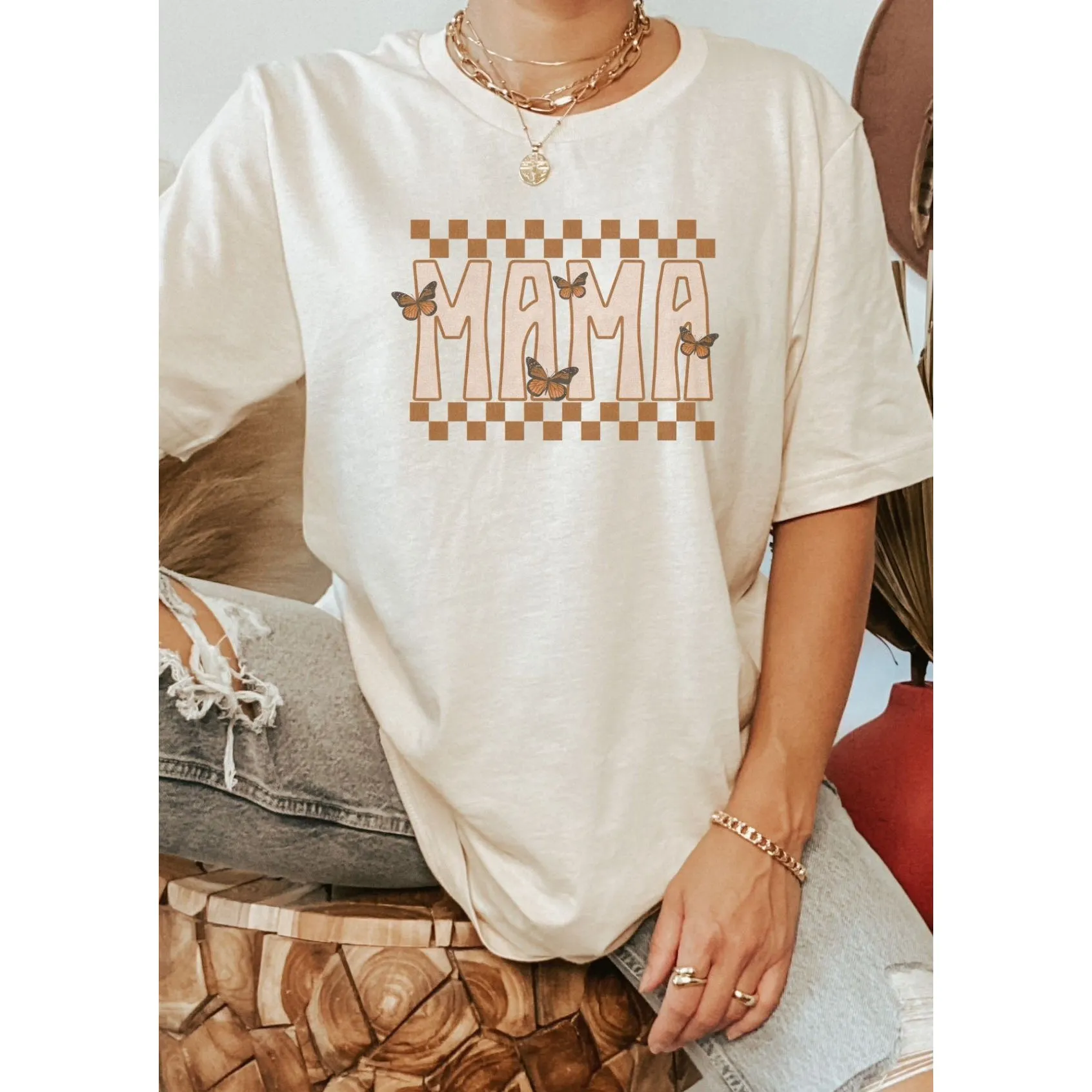 Mama Retro Butterfly Graphic Tee -Cream