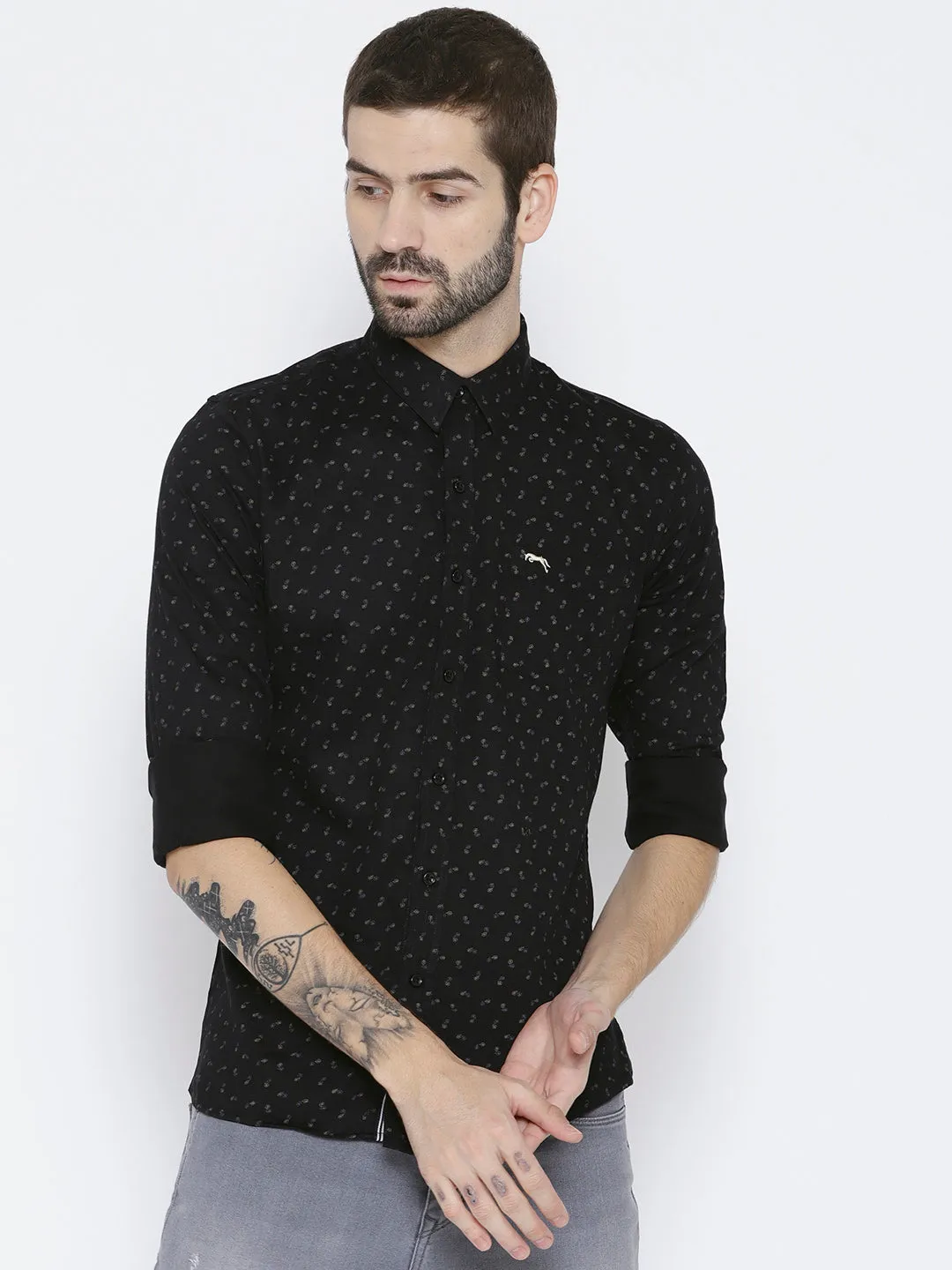 Men Black Slim Fit Printed Casual Shirt