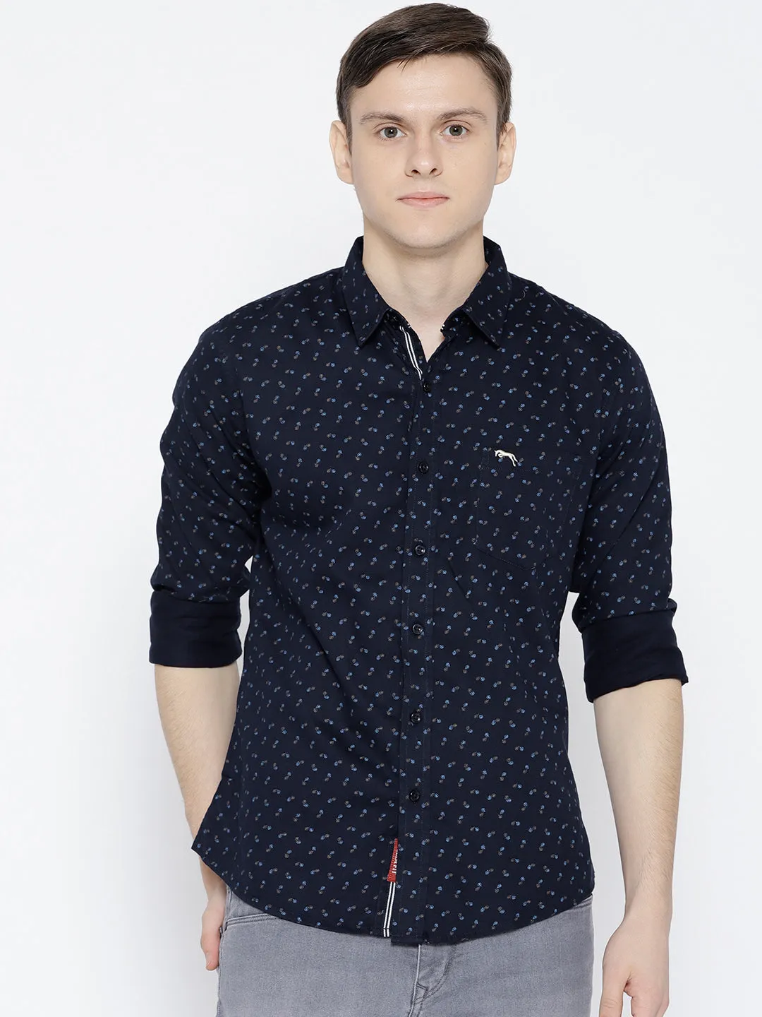 Men Navy Blue Slim Fit Printed Casual Shirt