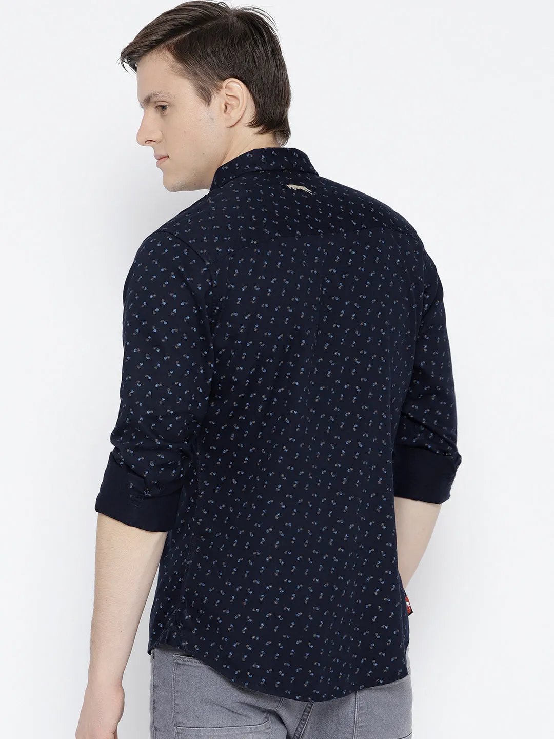 Men Navy Blue Slim Fit Printed Casual Shirt