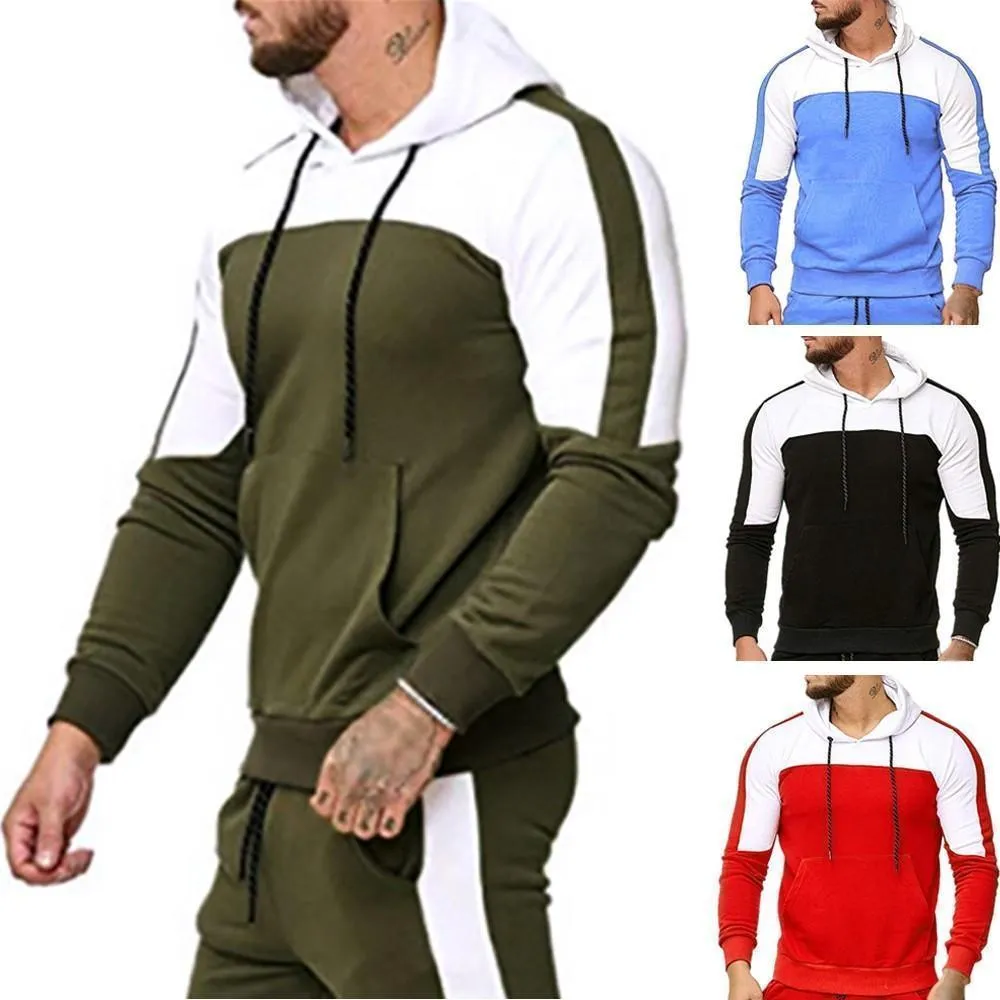 Men Tracksuit Casual Slim Patchwork Hoodie And Jogger Pants