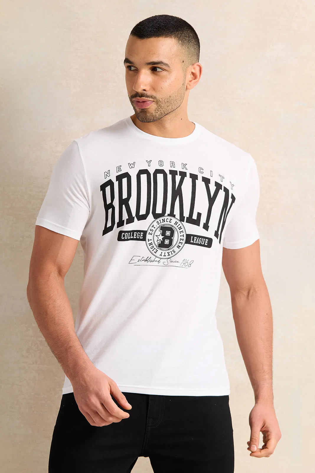 Men White Brooklyn Print Graphic T-Shirt