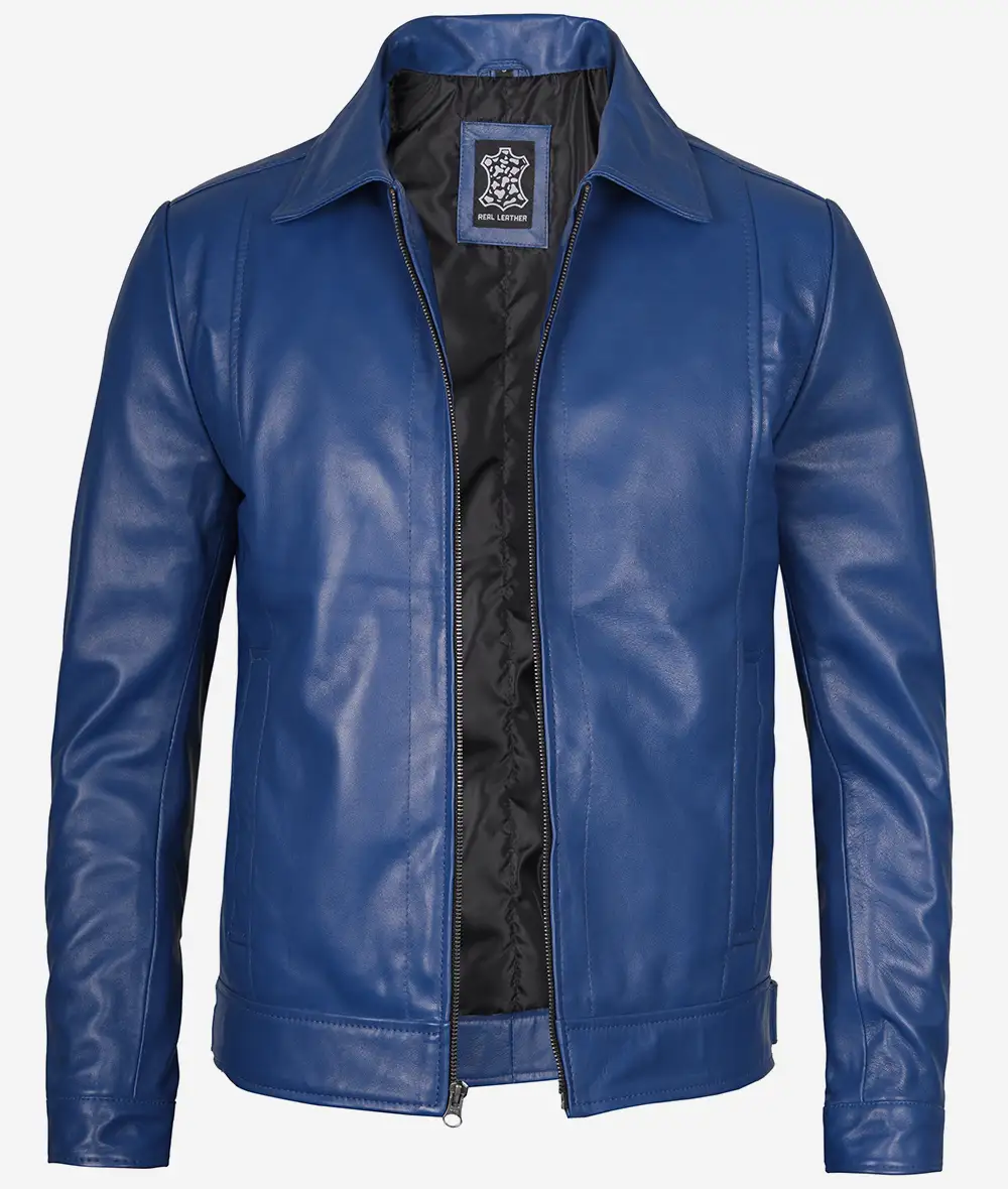 Men's Classic Blue Leather Jacket with Shirt Collar