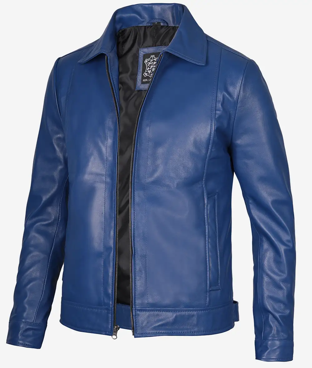 Men's Classic Blue Leather Jacket with Shirt Collar