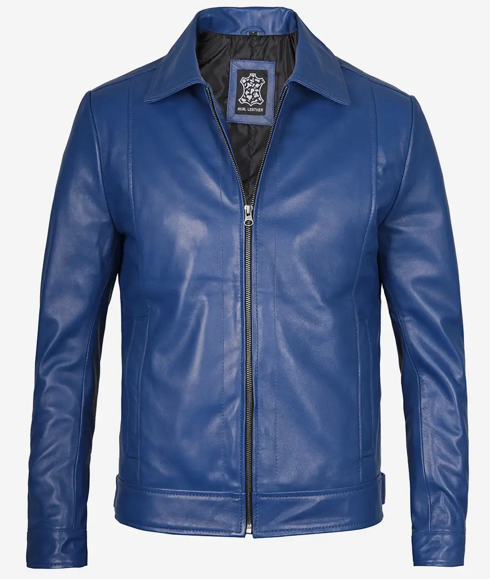 Men's Classic Blue Leather Jacket with Shirt Collar