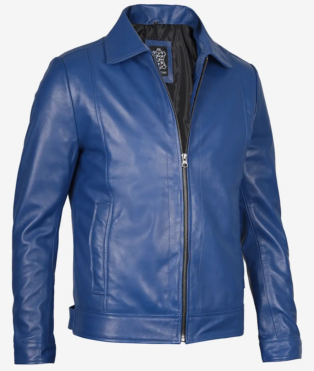 Men's Classic Blue Leather Jacket with Shirt Collar