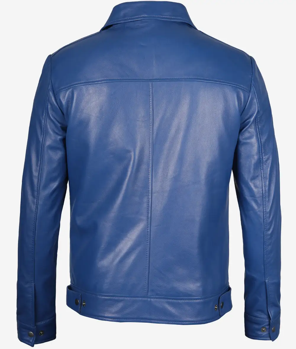 Men's Classic Blue Leather Jacket with Shirt Collar