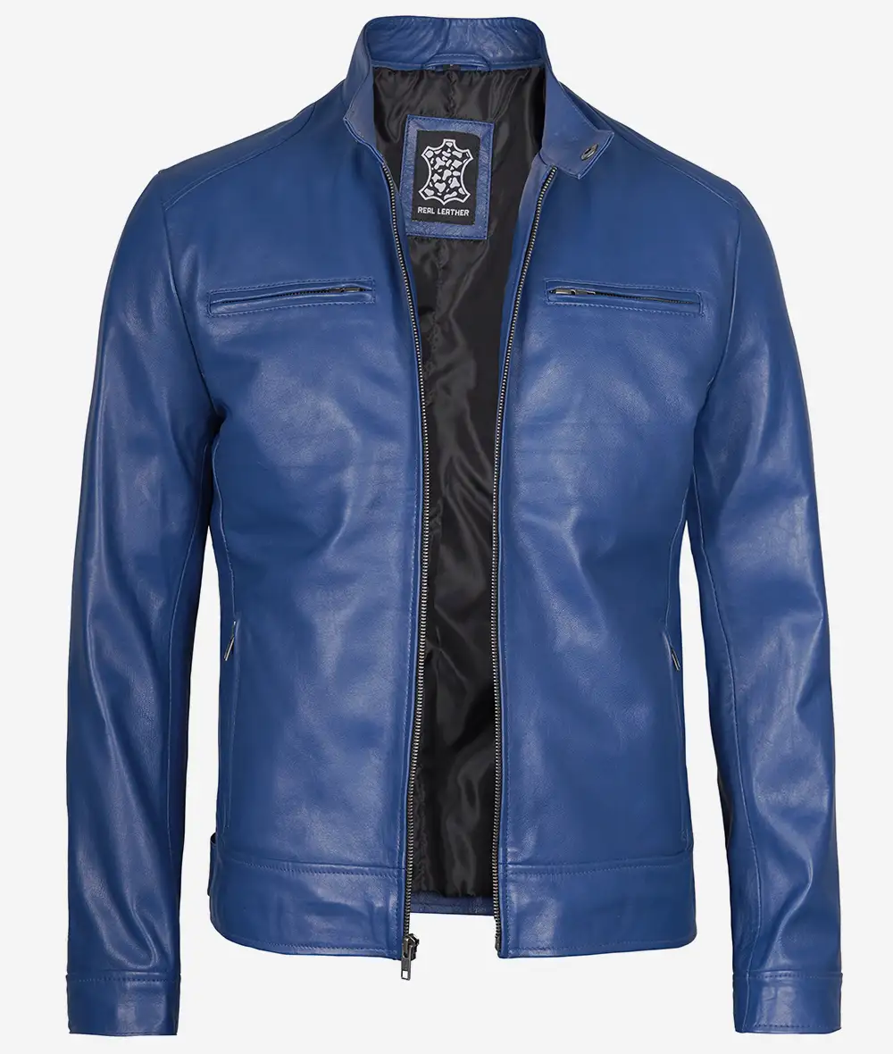 Mens Classic Blue Cafe Racer Leather Jacket