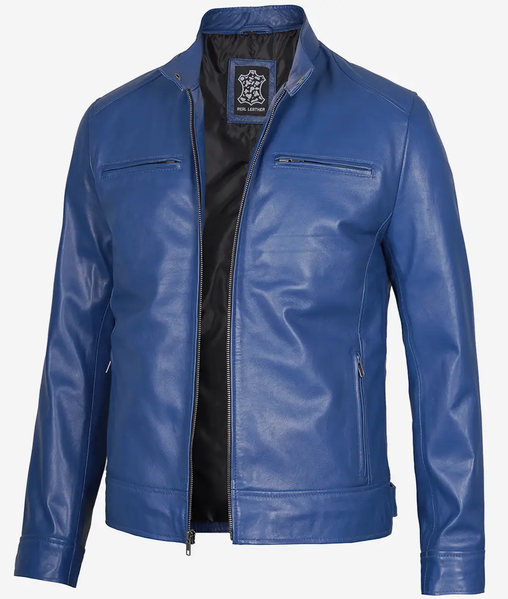 Mens Classic Blue Cafe Racer Leather Jacket