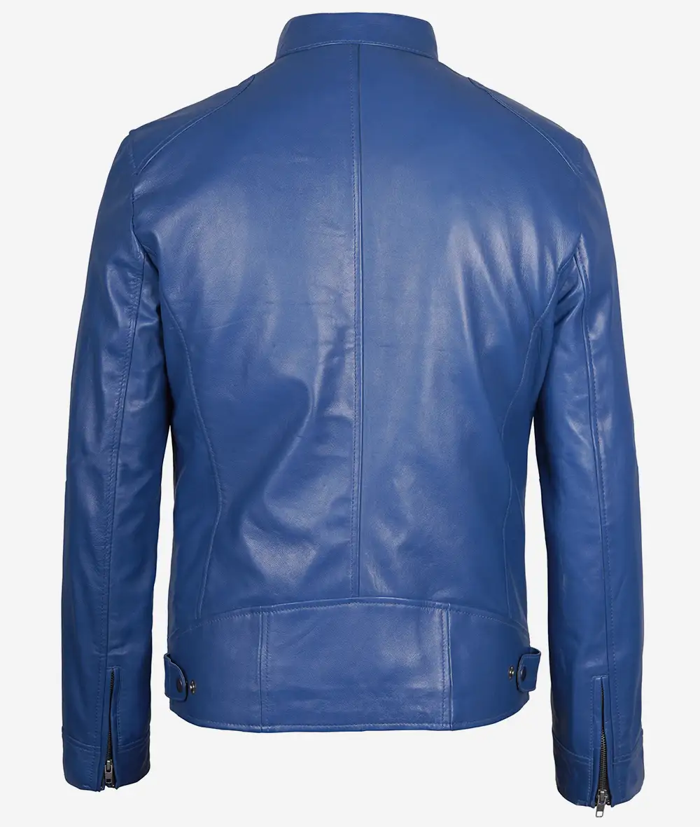 Mens Classic Blue Cafe Racer Leather Jacket