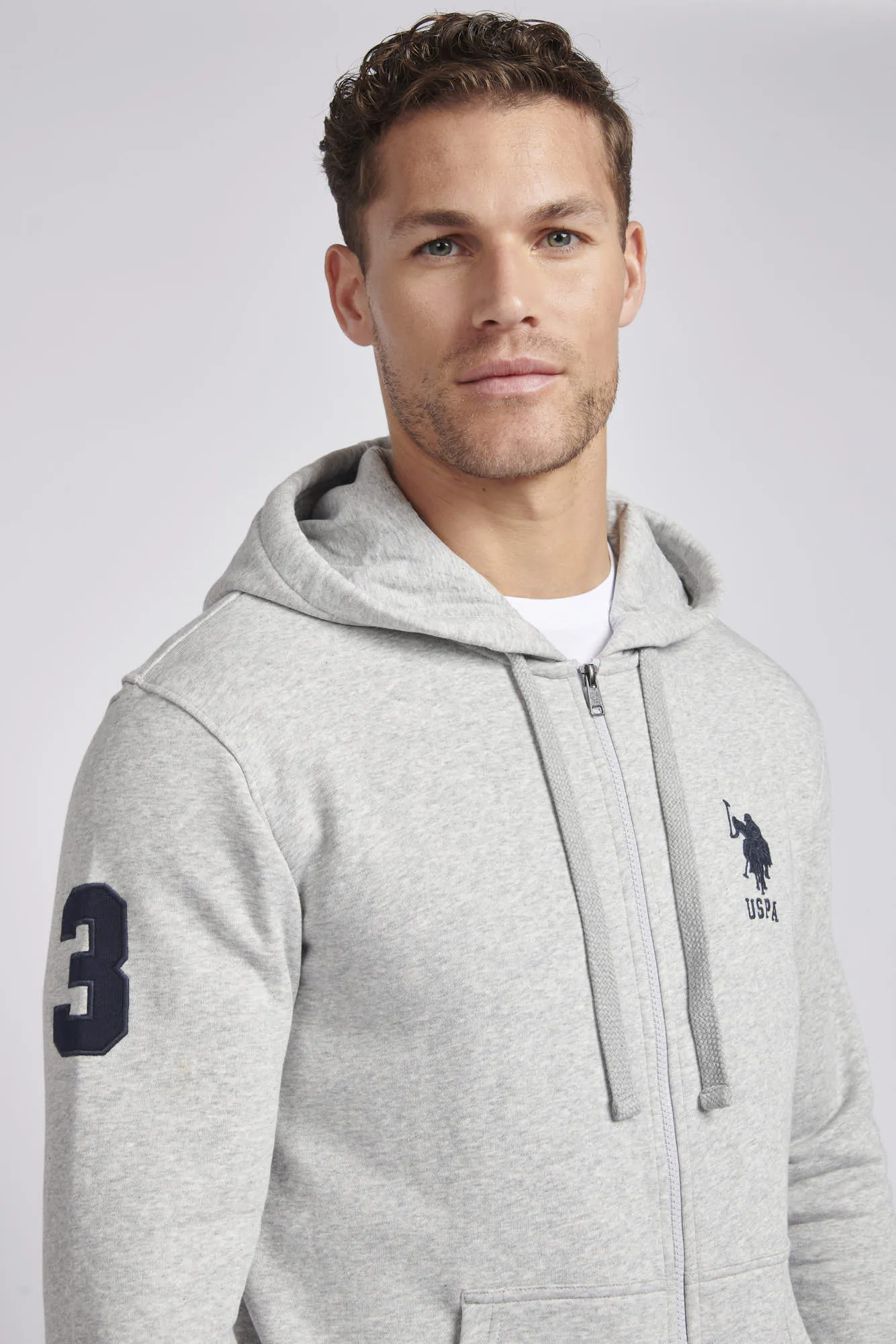 Mens Classic Fit Player 3 Zip Hoodie in Mid Grey Marl