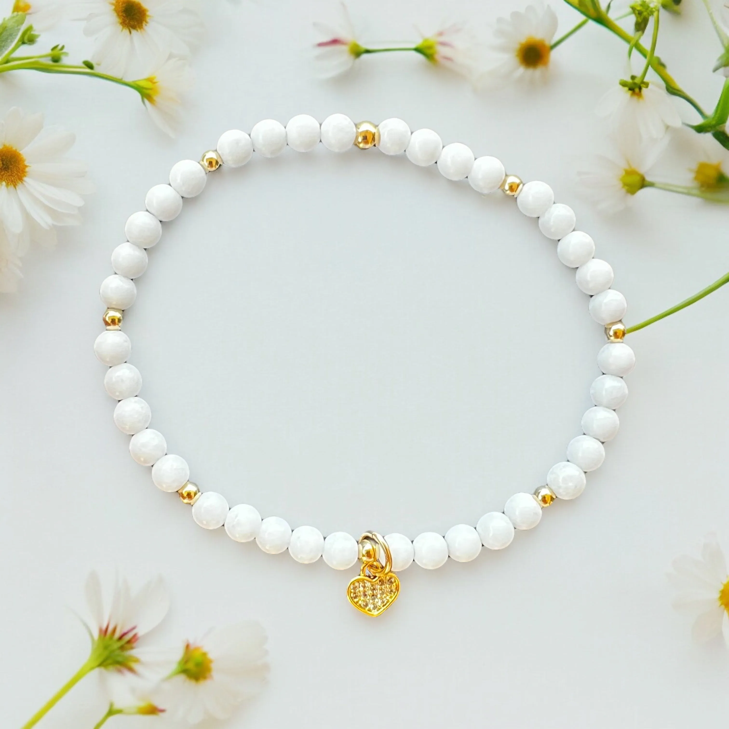 Mini Heart White Quartz 4mm Stone Bracelet