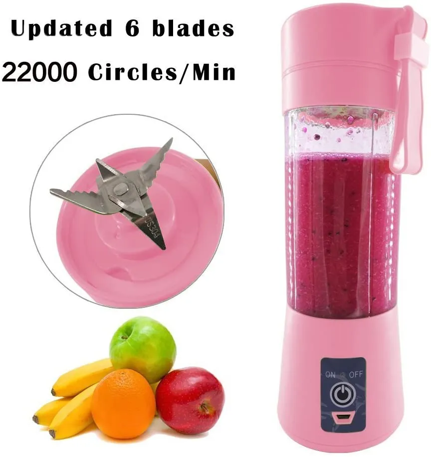 Mini Portable USB Handheld Rechargeable Electric Fruit Juicer Six Blades in 3D, 380ml Fruit Mixing Machine with USB Charger Cabl