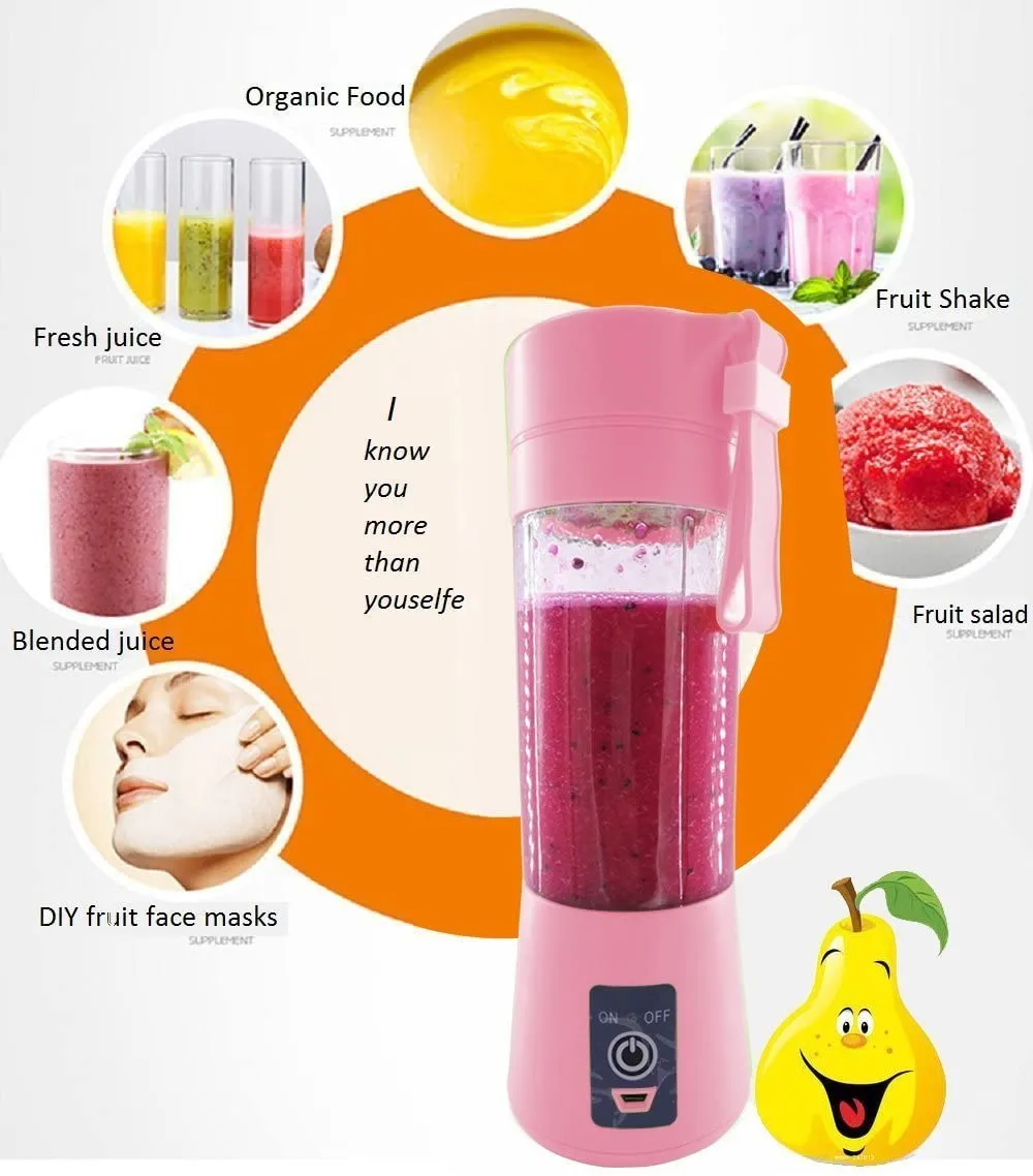 Mini Portable USB Handheld Rechargeable Electric Fruit Juicer Six Blades in 3D, 380ml Fruit Mixing Machine with USB Charger Cabl