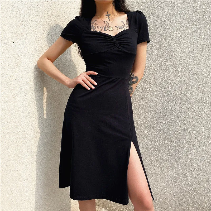 Neck Pleated Waist Slim Dress