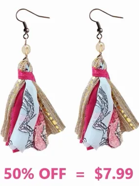 NEW Pink floral fabric tassel earrings