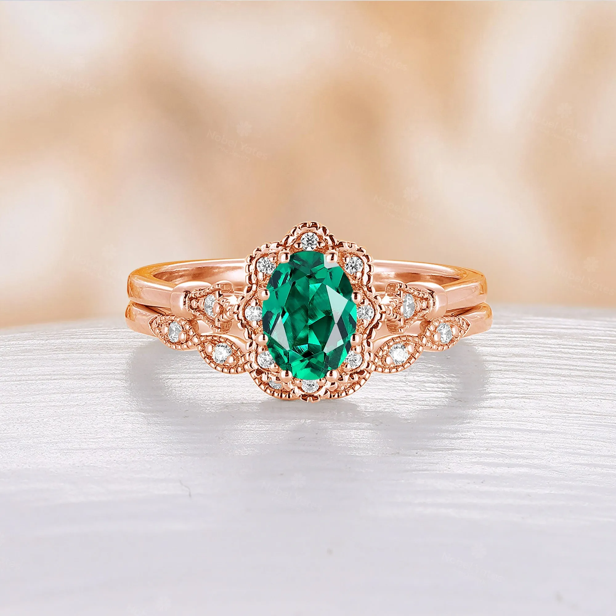 Oval Lab Emerald Milgrain Vintage Oval Cut Bridal Set Rose Gold Band