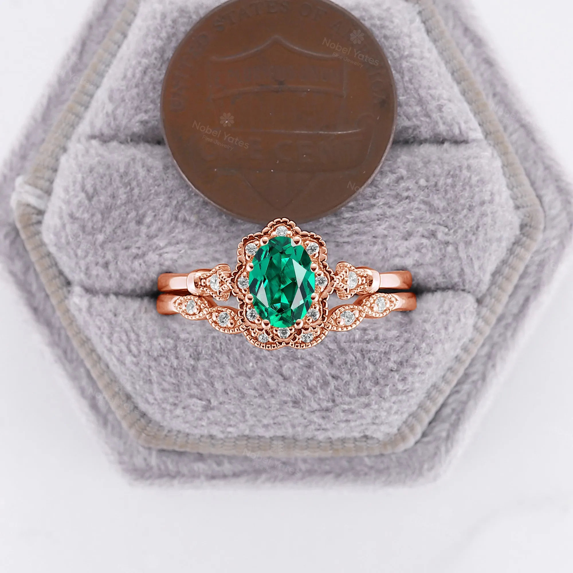 Oval Lab Emerald Milgrain Vintage Oval Cut Bridal Set Rose Gold Band