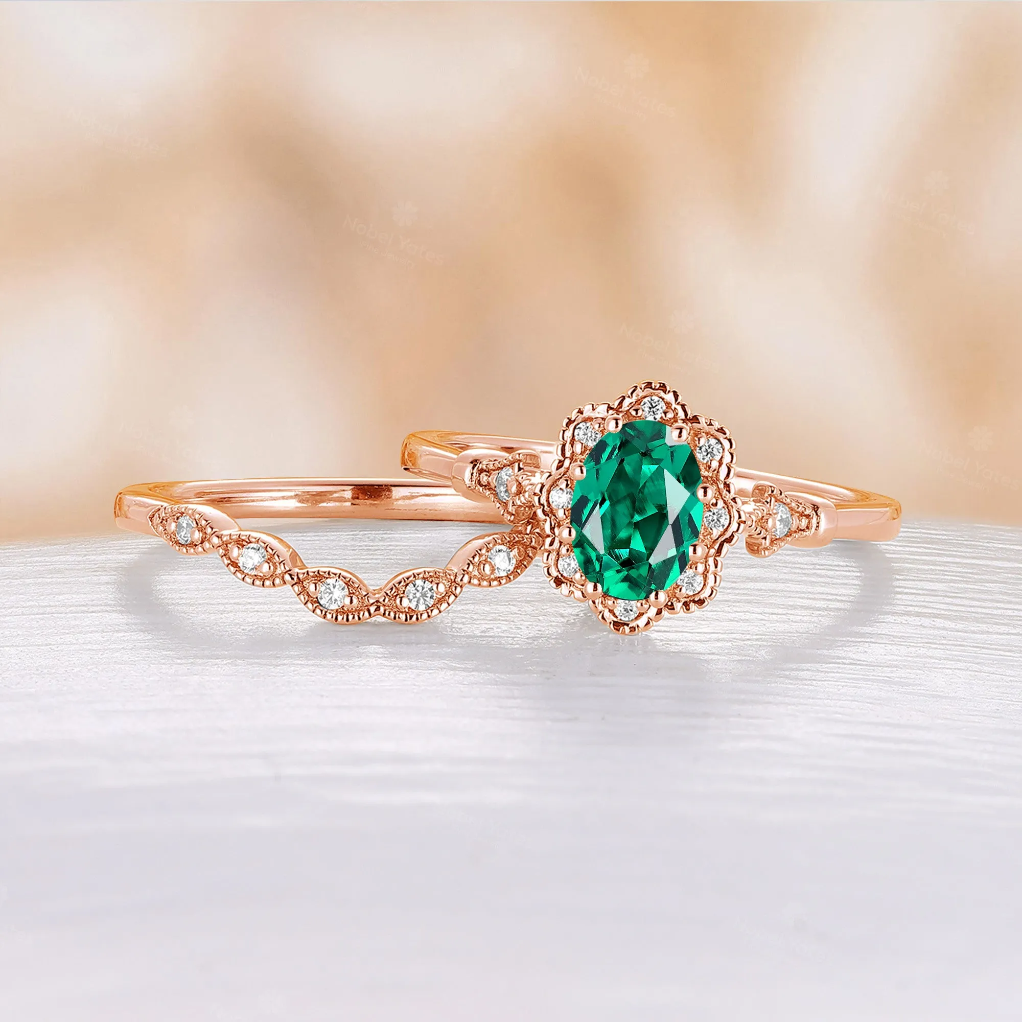 Oval Lab Emerald Milgrain Vintage Oval Cut Bridal Set Rose Gold Band