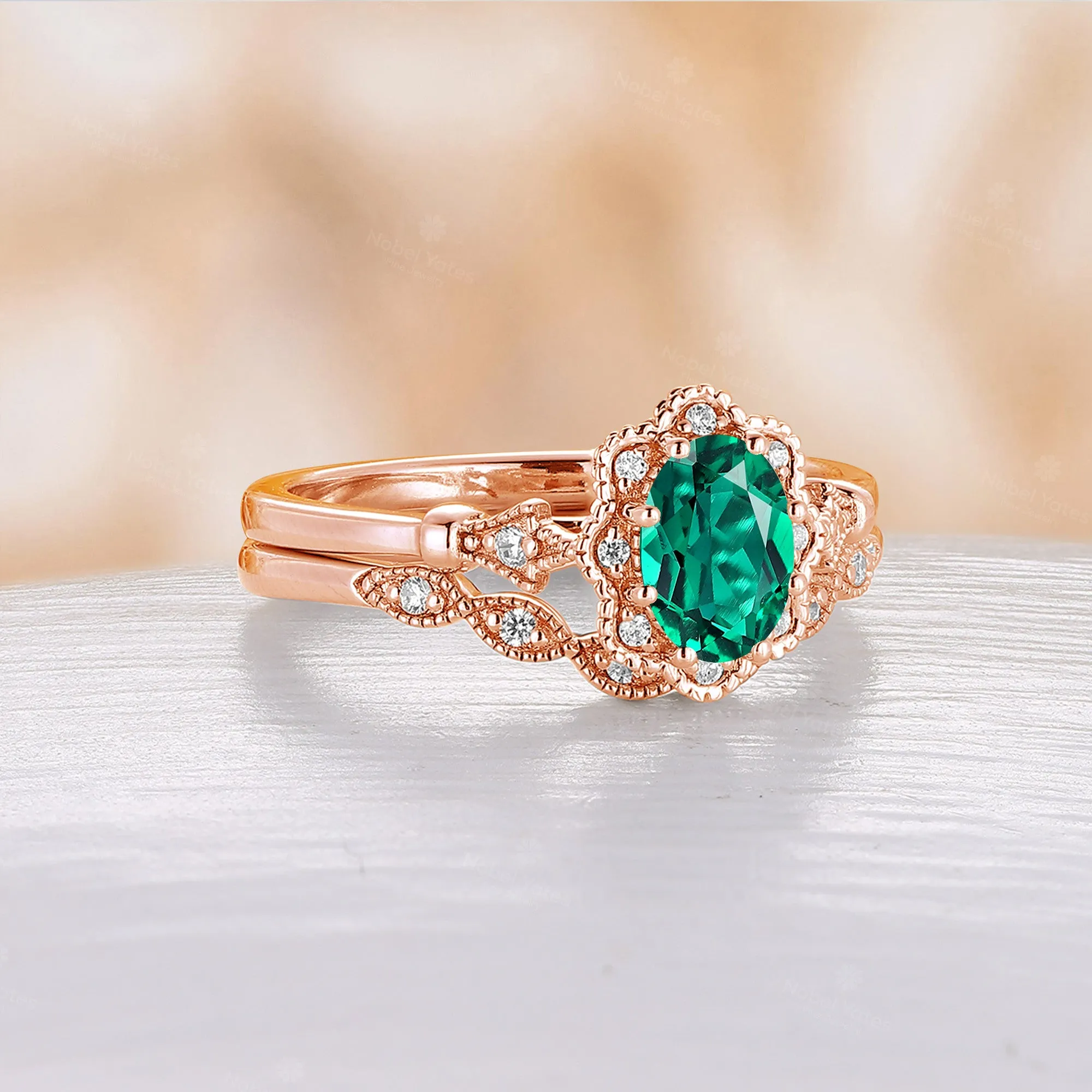 Oval Lab Emerald Milgrain Vintage Oval Cut Bridal Set Rose Gold Band