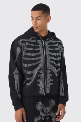 Oversized Boxy Diamante Skeleton Zip Through Hoodie