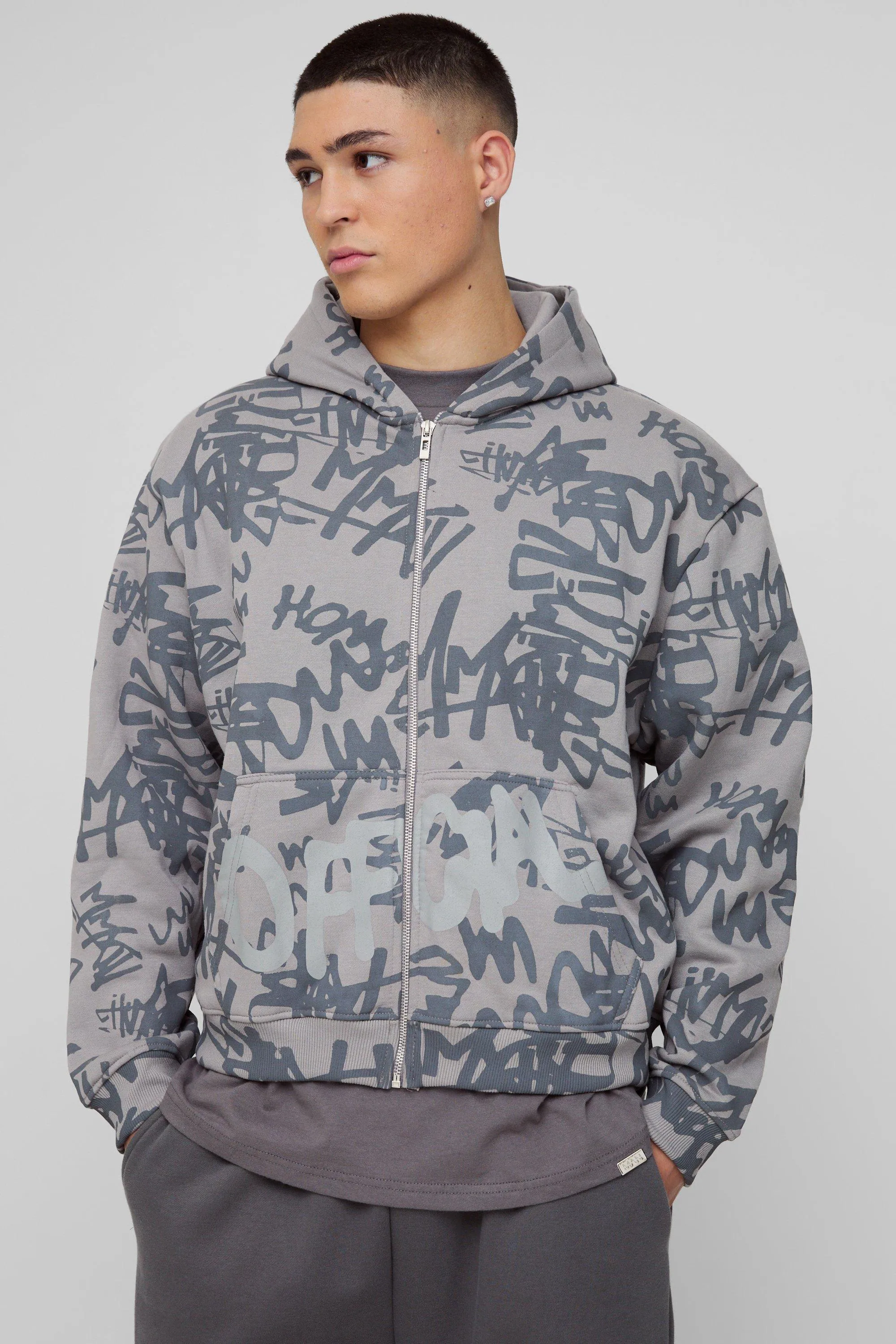 Oversized Boxy Graffiti Brushback Hoodie