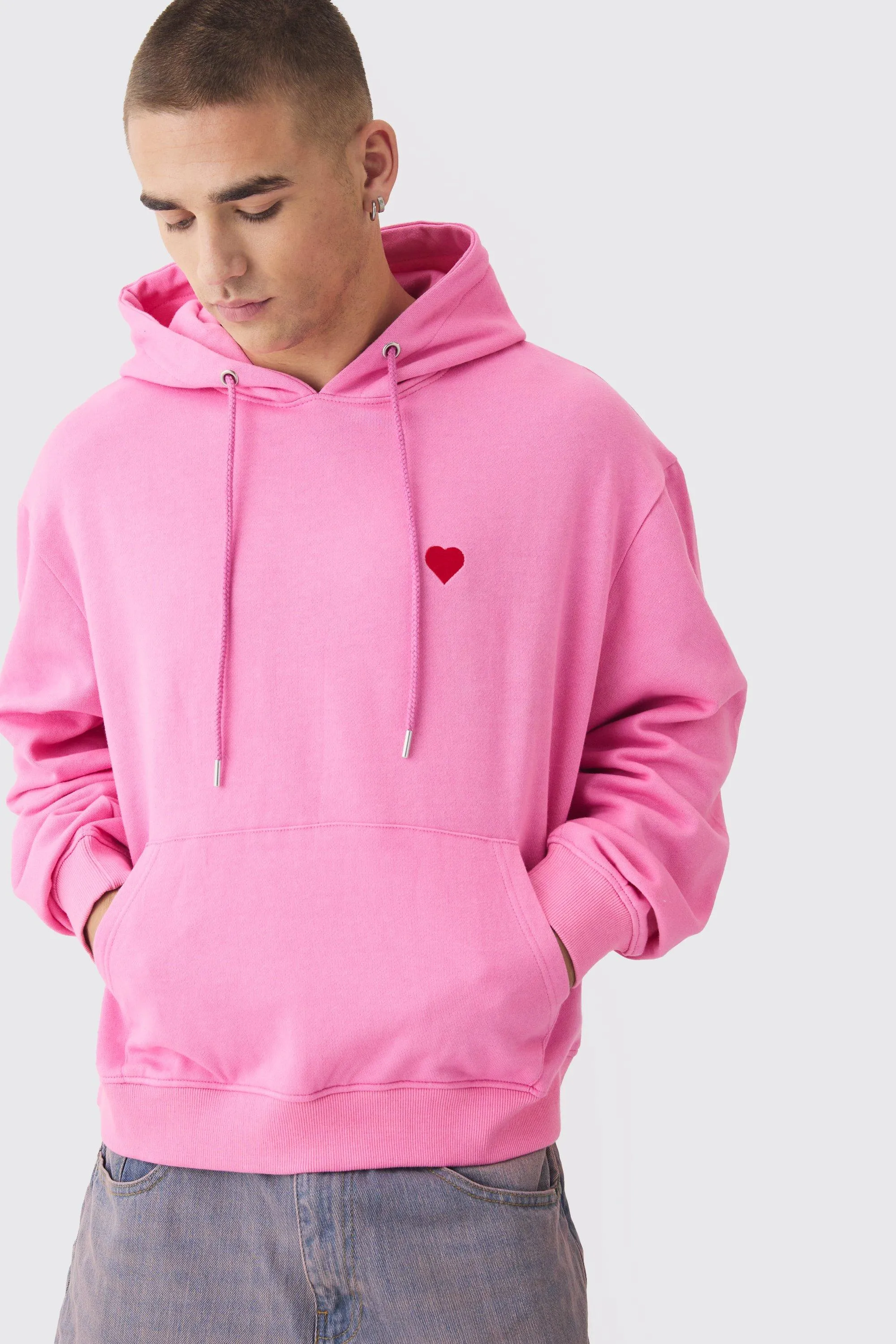 Oversized Boxy Heart Embroidered Hoodie | boohooMAN UK