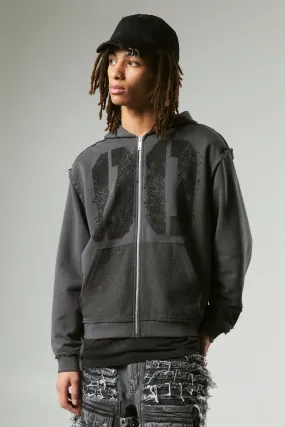 Oversized Boxy Varsity Raw Edge Zip Through Loopback Hoodie