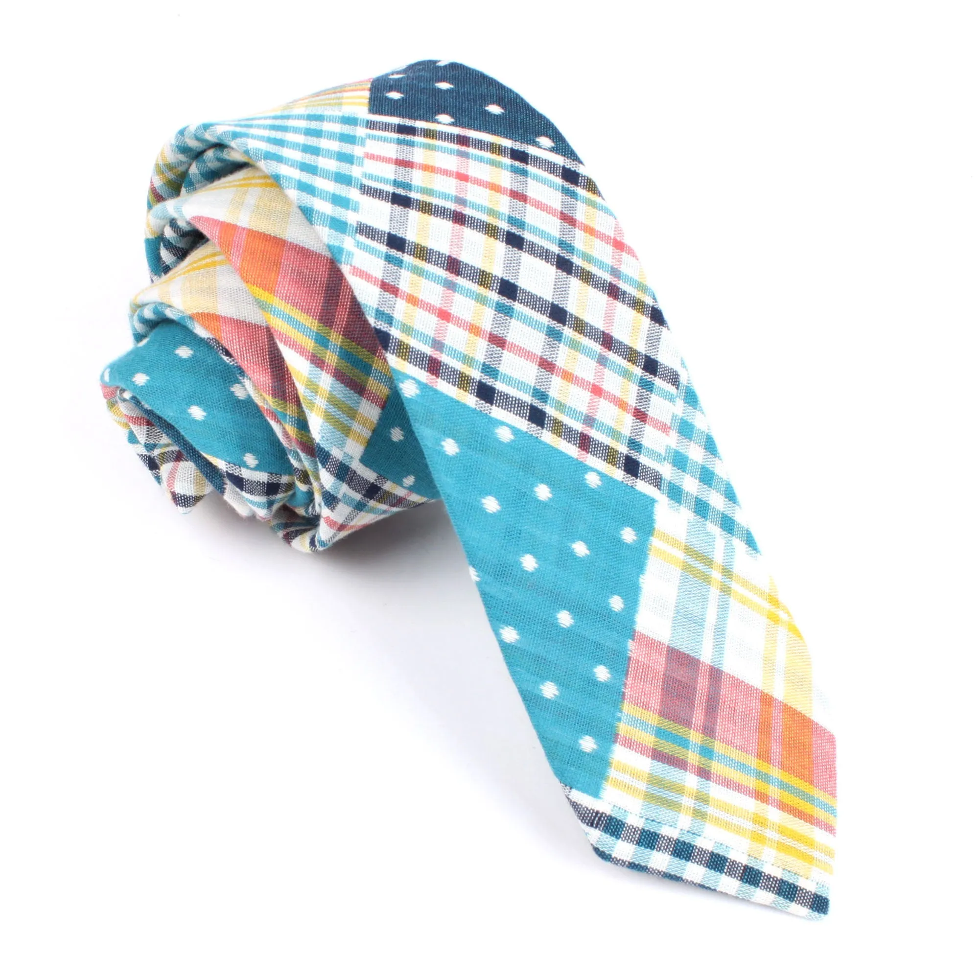 Plaid Blue Gingham Cotton Polka Dot Skinny Tie