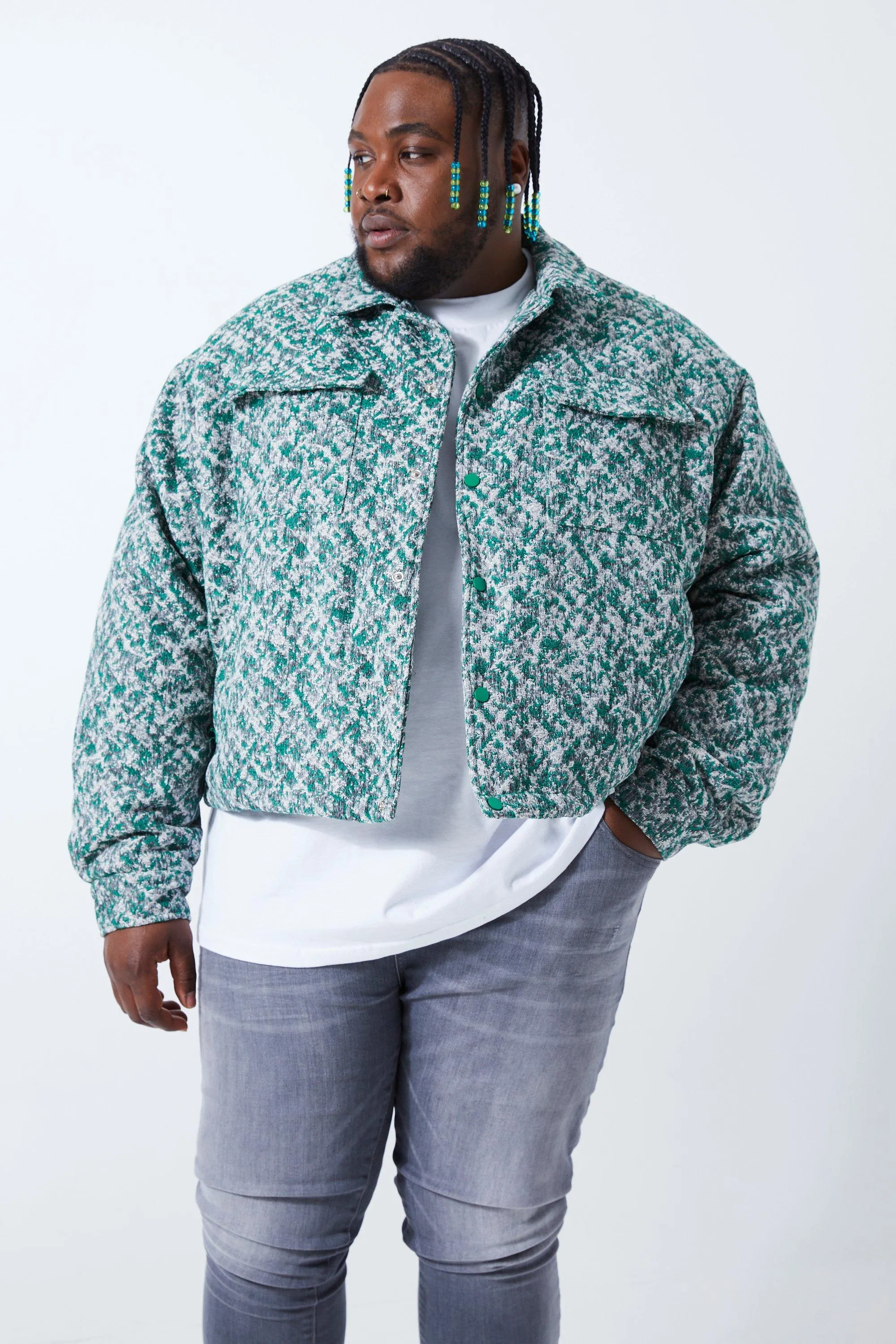 Plus Boxy Textured Jacquard Collared Jacket | boohooMAN UK