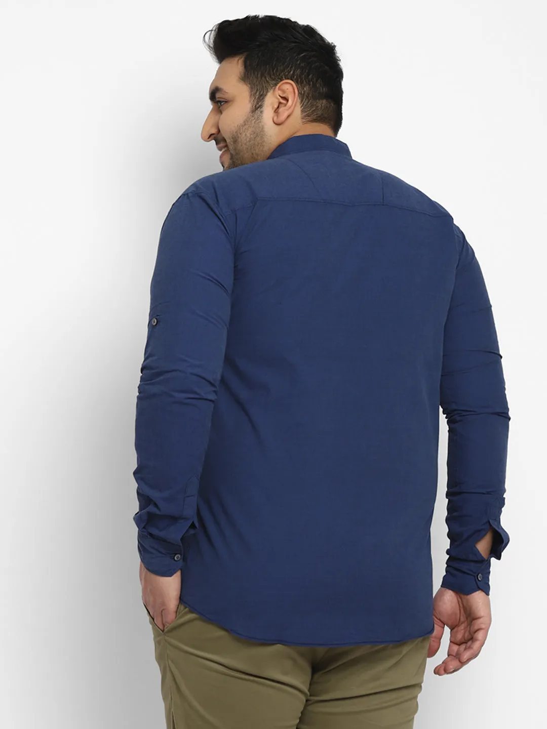 Plus Men Blue Solid Cotton Casual Shirt