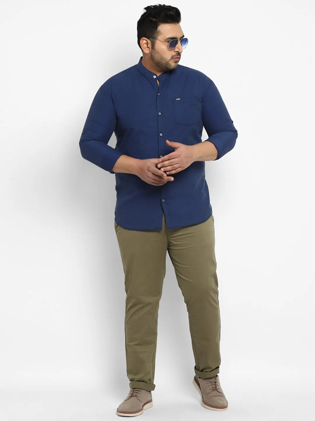 Plus Men Blue Solid Cotton Casual Shirt