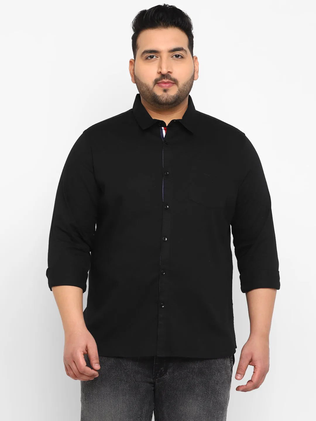 Plus Men's Black Cotton Full Sleeve Regular Fit Casual Solid Shirt