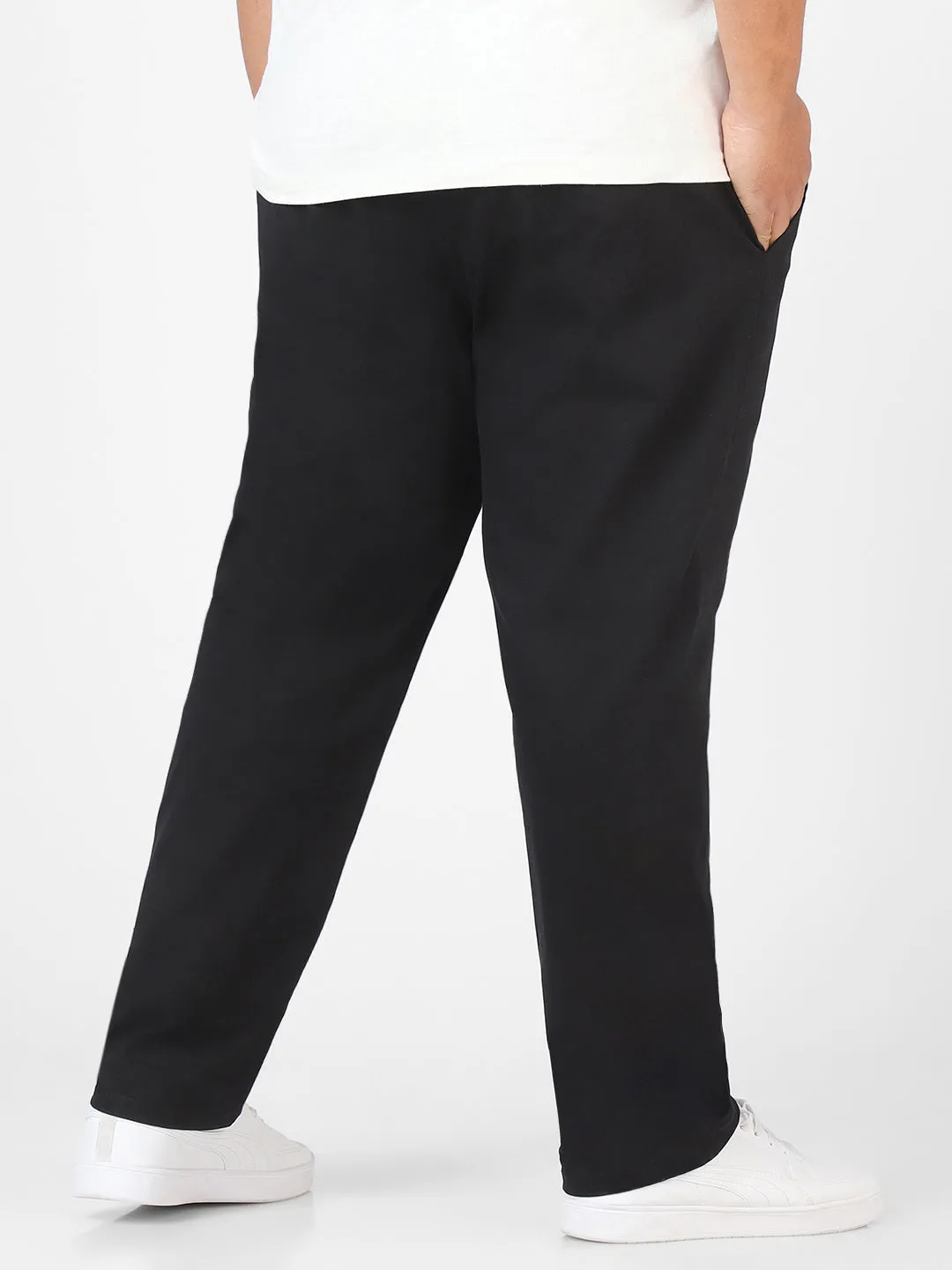 Plus Men's Black Cotton Regular Fit Casual Chinos Trousers Stretch