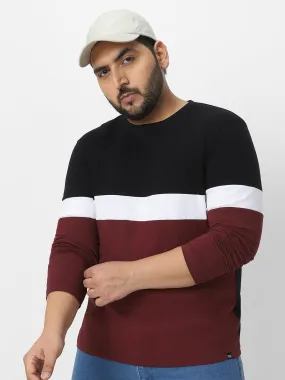 Plus Men's Black, White, Maroon Color-Block Regular Fit Full Sleeve Cotton T-Shirt