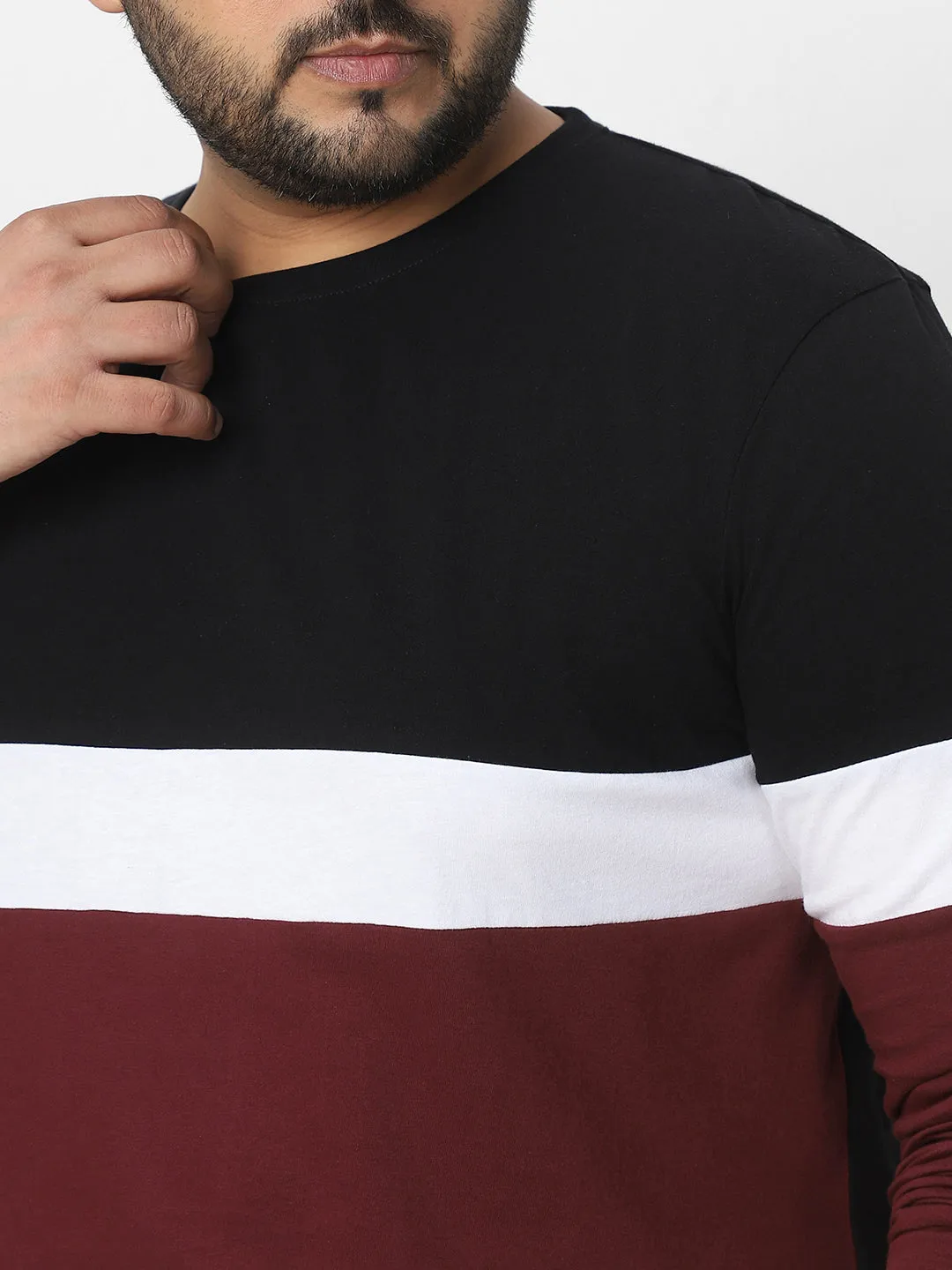 Plus Men's Black, White, Maroon Color-Block Regular Fit Full Sleeve Cotton T-Shirt