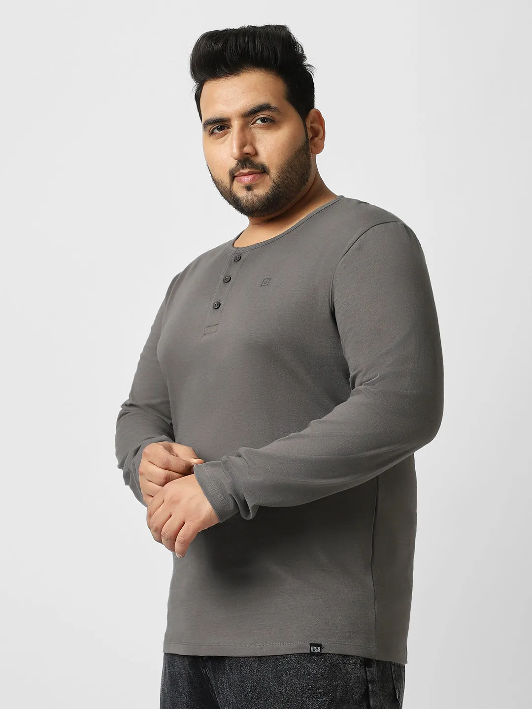 Plus Men's Dark Grey Solid Henley Neck Regular Fit Full Sleeve Cotton T-Shirt