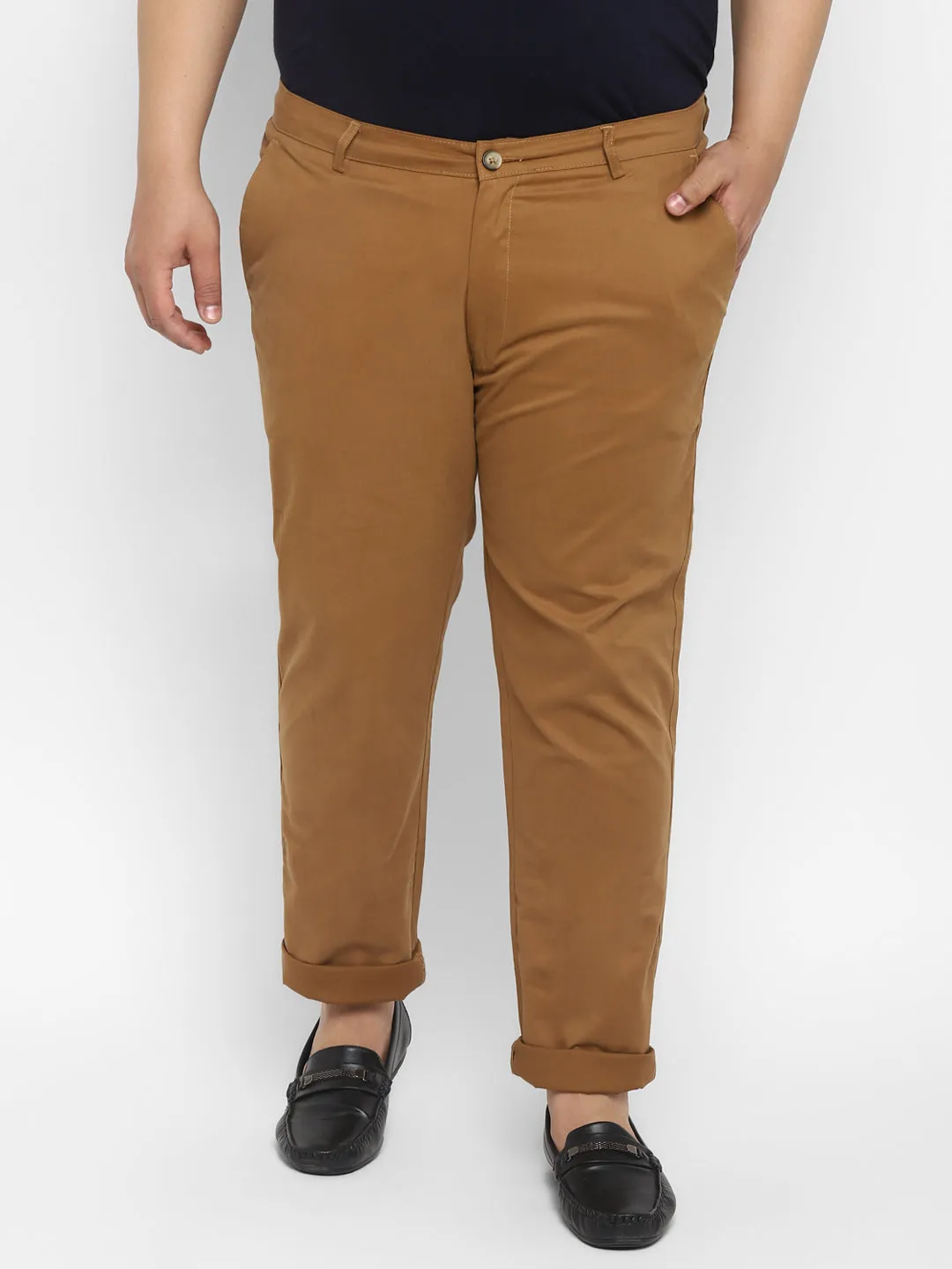 Plus Men's Dark Khaki Cotton Regular Fit Casual Chinos Trousers Stretch