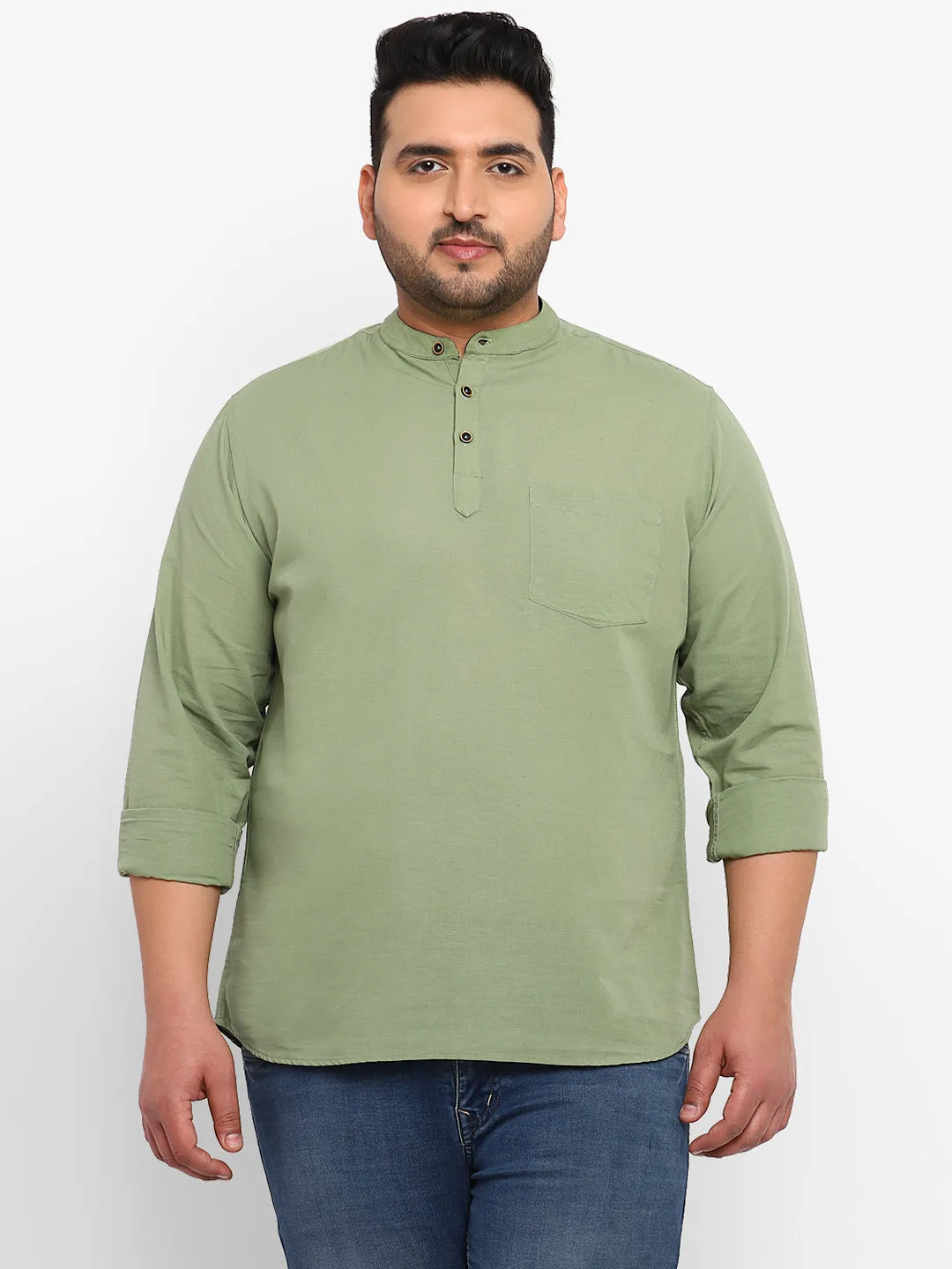 Plus Men's Green Cotton Full Sleeve Regular Fit Casual Solid Shirt