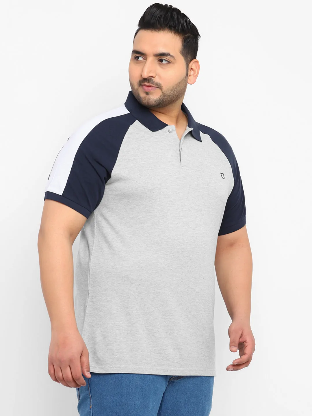 Plus Men's Grey Melange, White, Navy Blue Colour-Block Regular Fit Half Sleeve Cotton Polo T-Shirt