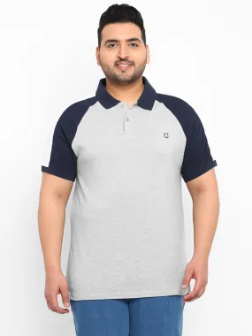 Plus Men's Grey Melange, White, Navy Blue Colour-Block Regular Fit Half Sleeve Cotton Polo T-Shirt