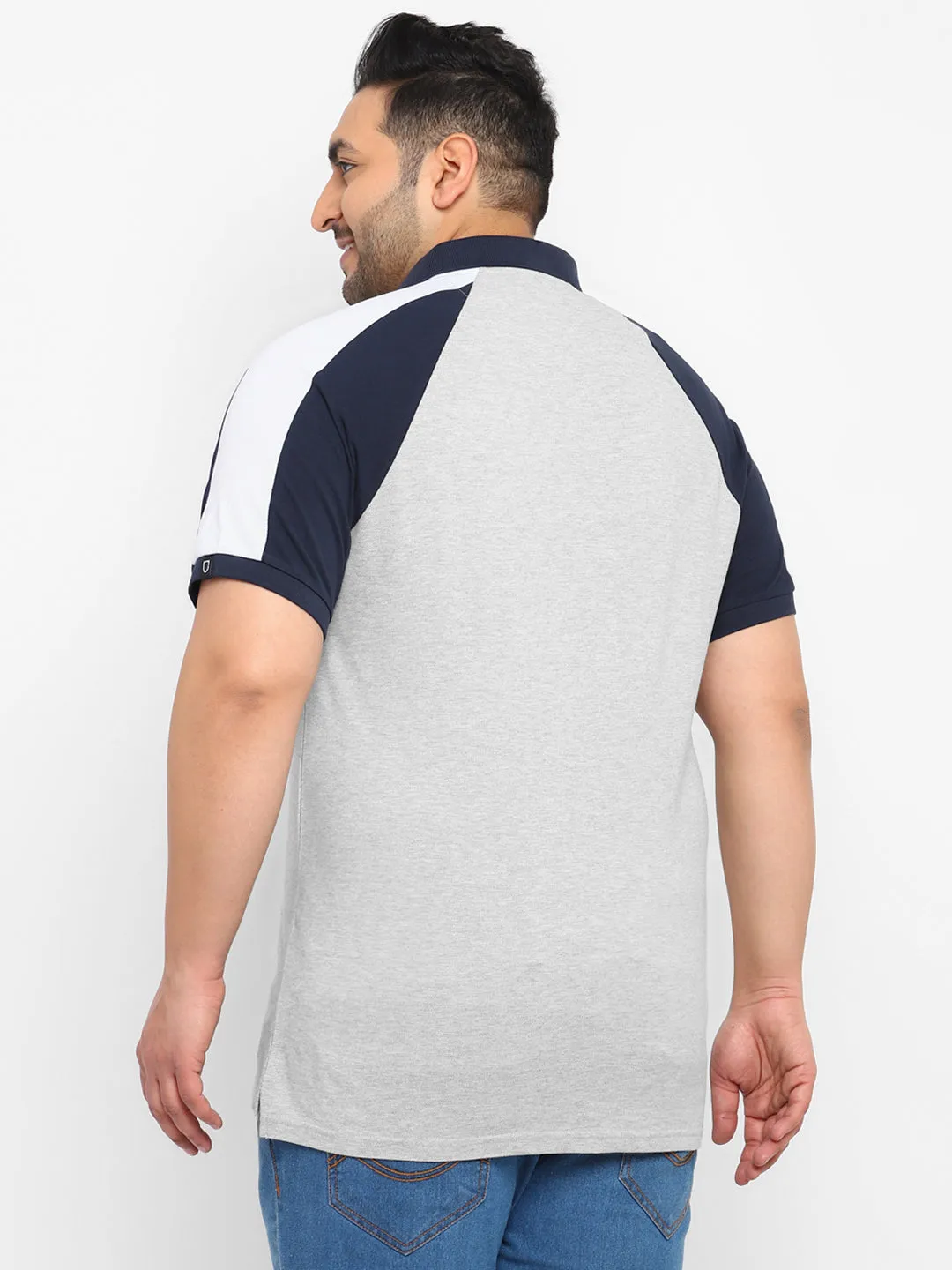 Plus Men's Grey Melange, White, Navy Blue Colour-Block Regular Fit Half Sleeve Cotton Polo T-Shirt