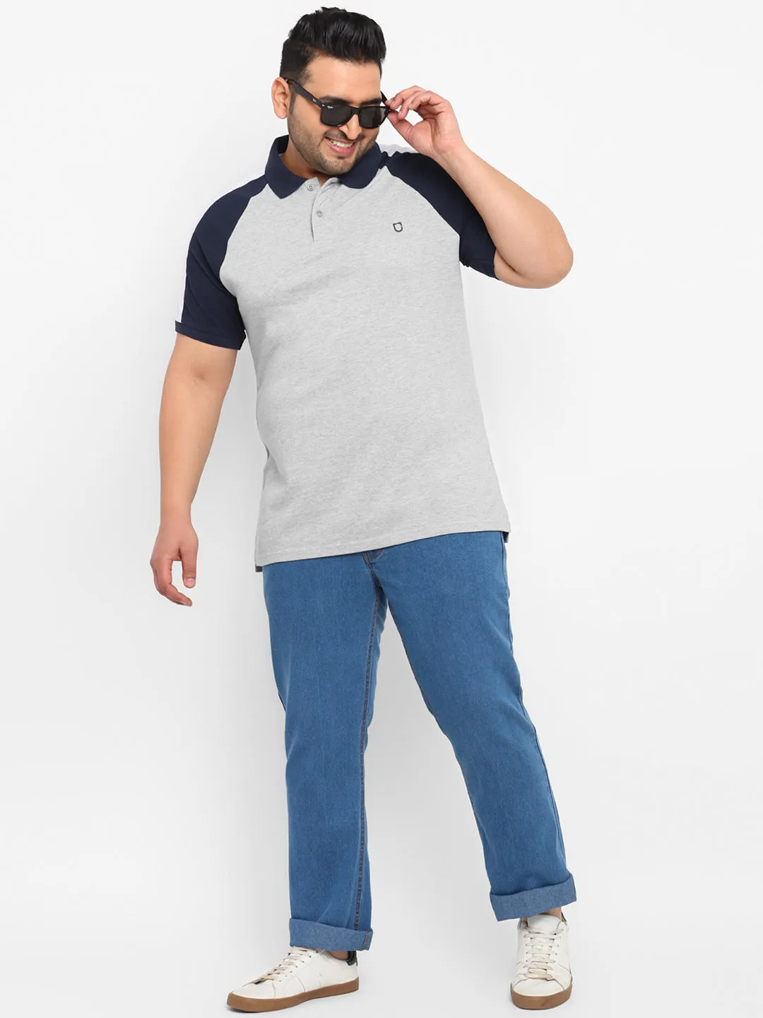 Plus Men's Grey Melange, White, Navy Blue Colour-Block Regular Fit Half Sleeve Cotton Polo T-Shirt