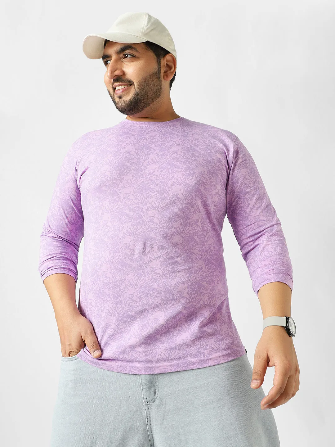 Plus Men's Lilac Printed Full Sleeve Regular Fit Cotton T-Shirt