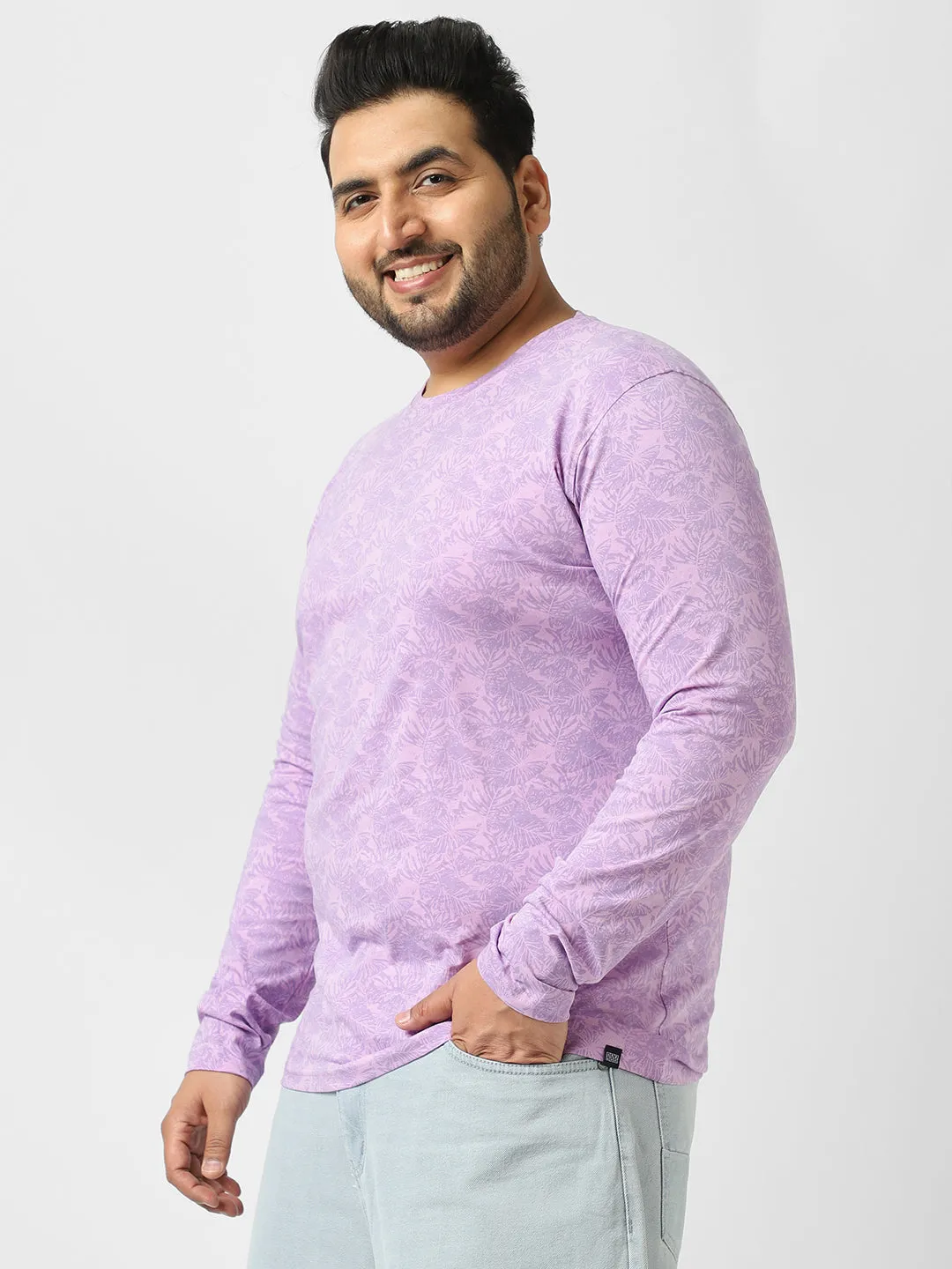 Plus Men's Lilac Printed Full Sleeve Regular Fit Cotton T-Shirt