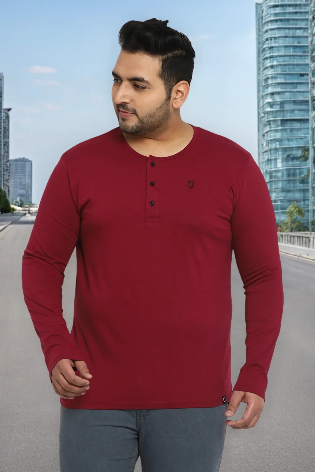 Plus Men's Maroon Solid Henley Neck Regular Fit Full Sleeve Cotton T-Shirt